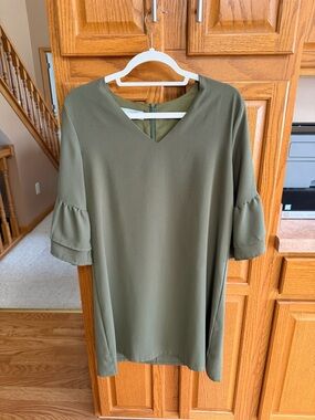 Olive Green V-Neck Ruffle Sleeve Tunic